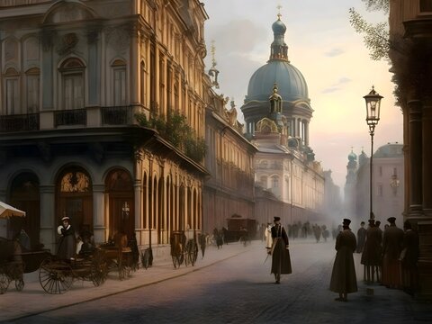 Street of St. Petersburg in 18th century. Day