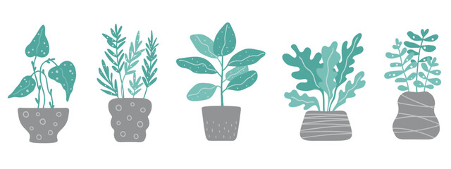Set of trendy potted home plants. Set of indoor houseplants in scandi style. Cacti, begonia, palm, monstera, ficus. Colored flat vector illustration.