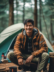 Asian person camping in the  forest of Thailand, AI Generative