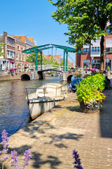Scenic view of  traditional drawbridge over a canal in the historic city of Leiden, Holland