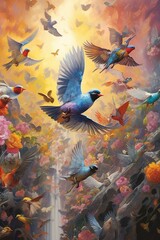 Above, a kaleidoscope of avian life fills the sky, as colorful birds soar and swoop, their wings painting trails of motion against the azure backdrop.