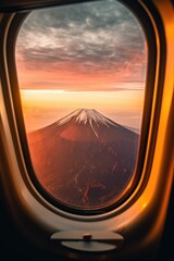 Naklejka premium Amazing landscape of mountain through window of flying airplane