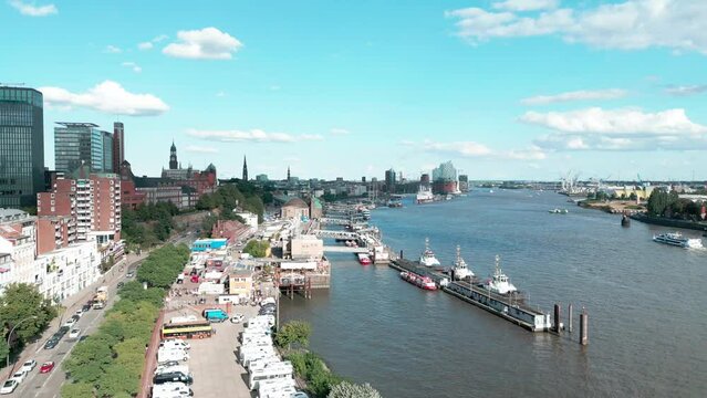 Aerial view in Hamburg, Germany. Cityscape, elbe river in city centre of Hamburg. The famous historic district in Hamburg from top. Drone fly above architecture of Hamburg.