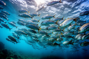Fototapeta na wymiar Amazing underwater world - Bigeye Trevally (Caranx sexfasciatus). A big school of fish. Diving, wide angle photography. Raja Ampat, Indonesia