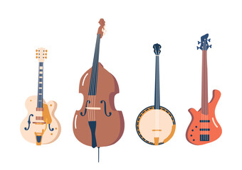 Naklejka premium Melodic, Rhythmic, And Soulful, String Jazz Instruments Electric and Bass Guitar, Double Bass and Banjo, Illustration