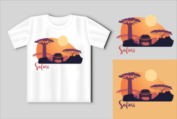 African safari silhouetes with an SUV and sunset. Travel concept with t-shirt mockup © Slava Istr
