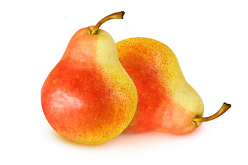 Two ripe red yellow pear fruits isolated on white background