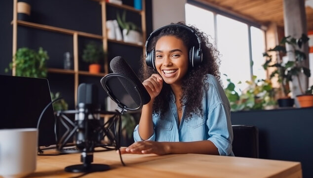 Woman recording a podcast on her laptop computer with headphones and a microscope. Female podcaster making audio podcast from her home studio.Female influencer in studio