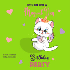 Birthday party invitation. Cute white kitten with crown and shiny wings green background