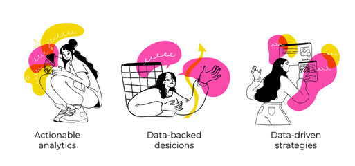 Business Concept illustrations. Scenes with men and women taking part in business activities. Vector illustration