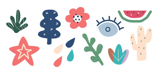 Playful Childish Pattern Featuring Cute And Whimsical Elements Star, Eye, Plant, Flower, Watermelon in Primitive Style