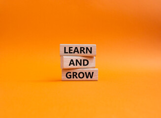 Learn and grow symbol. Concept words Learn and grow on wooden blocks. Beautiful orange background. Business and Learn and grow concept. Copy space.