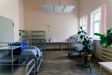 Sanitary prevention antivirus concept. Fresh White Hotel Towels Folded and Stacked on a Shelf