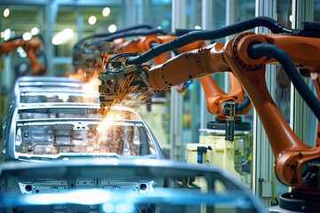 state-of-the-art assembly line in a car factory, AI generative