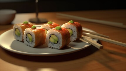  sushi pieces with chopsticks macro lens realistic lighting
