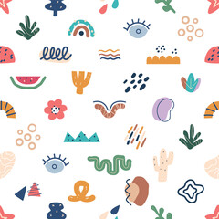 Cute Childish Seamless Pattern Captures The Essence Of Innocence And Playfulness. Watermelon, Rainbow, Flower