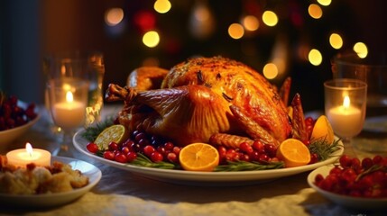 Traditional festive dinner with delicious roasted turkey served on the table macro lens realistic lighting