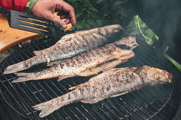 Delicious grilled fish on the barbeque grille.