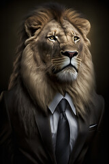 Studio portrait of lion in suit shirt and tie