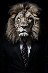 Studio portrait of lion in suit shirt and tie