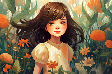 children book, illustration of pretty girl in flower garden