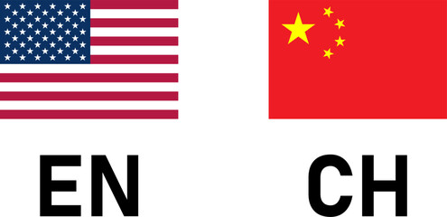 Flag Icon Pair including USA and China Flags for English and Chinese Language Selection Symbol Button. Vector Image.