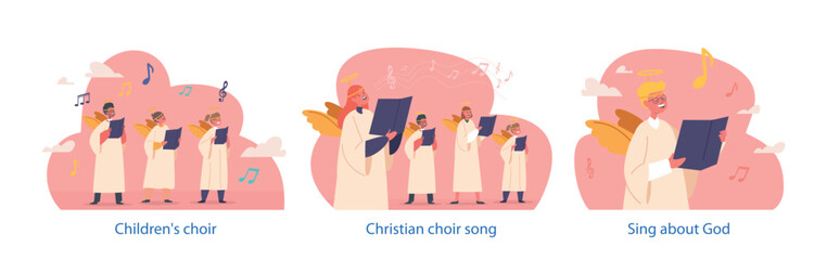 Isolated Elements With Children Characters Dressed In Angel Dress, Singing In A Choir, Create A Beautiful Atmosphere