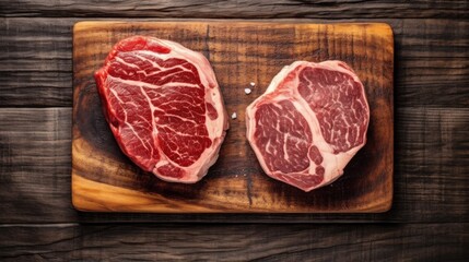 Fototapeta premium Two raw rib eye steaks on a wooden Board on a table prepared for the grill. Top view rustic style macro lens realistic lighting.