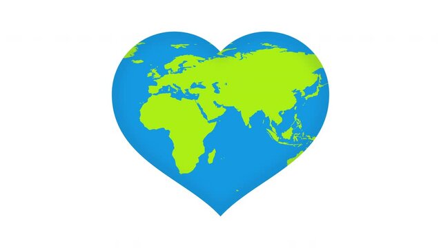 2D animation of cartoon planet Earth in heart shape isolated on a white background. Rotating green blue planet in flat design. Good for educational, or business film, modern explainers, or infographic
