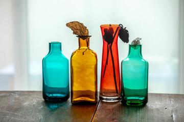 Still life of colored glass bottles and vases with dried flowers on a wooden table in front of a window with white curtains and soft light