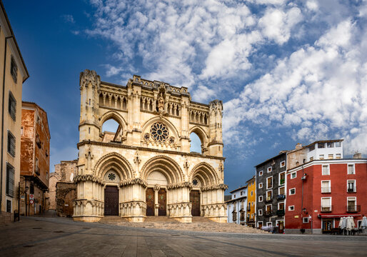View of the facade of the Cathedral of Cuenca in the Plaza Mayor, Unesco World Heritage city with colorful old buildings