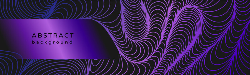 Luxury wavy linear banner. Shiny purple waves on black background. Swirl pattern. Template with gradient lines. Space distortion. Deformed curved lines. Warped waves