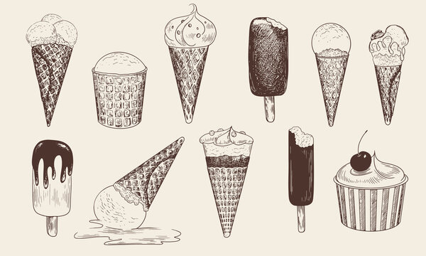 Set of  isolated ice cream sketch. Ice cream in cone waffle and paper bowl. Bitten popsicle. Chocolate glaze sundae. Fallen melted ice cream. Chocolate topping. Frozen dessert with cherry. Gelato