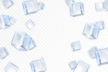 Falling ice cube, isolated on transparent background, selective focus. Flying ice cubes with blur effect . Realistic 3d vector illustration
