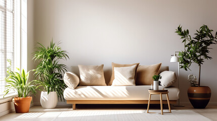 "Minimalistische Natur" - Helles, minimalistisches Wohnzimmer mit Holzmöbeln und grünen Pflanzen. "Generative AI"