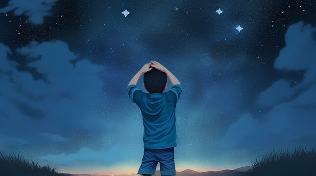 boy looking at night sky generated by Ai
