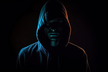 Hacker in the hood silhouette in the dark