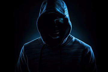 Naklejka na ściany i meble Hacker in the hood silhouette in the dark