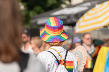 Rainbow colored hat at the pride festival in Zurich in Switzerland - obrazy, fototapety, plakaty