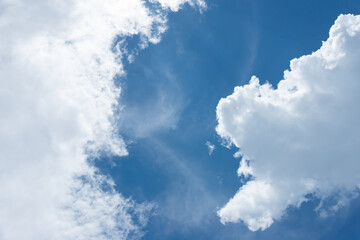 panorama blue sky background with small clouds. White clouds move in the sky in the sunshine. Amazing.