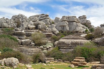 Strange limestone formations in El Torcal de Antequera national Park, in early spring 