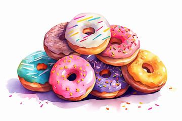 Pile of donuts balancing on top of each other, watercolor style on white background, generative AI