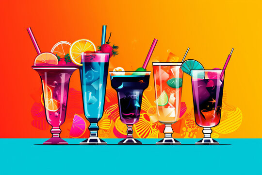 Variety of cocktails, pop art style illustration, generative AI