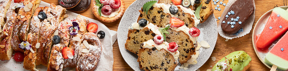 Healthy summer desserts. Different desserts on white background.  Top view