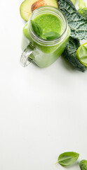 Healthy green smoothie  in a jar mug  on white background
