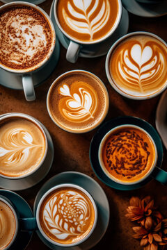 Pumpkin lattes with latte art top view on wooden table, generative AI