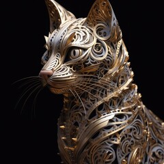 An intricately detailed Cat sculpture in shiny silver tar