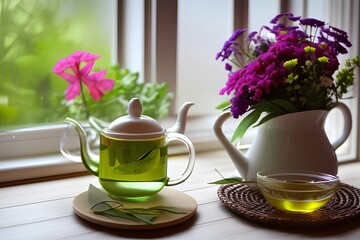 green herbal tea in a glass teapot in the apartment and a bouquet of flowers on the windowsill - generative ai