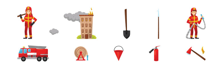 Man and Woman Firefighter with Firefighting Tools and Equipment for Fire Extinguishing Vector Set