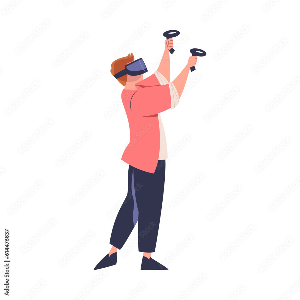 Poster augmented reality with man character in virtual reality glasses playing game on simulator vector ill